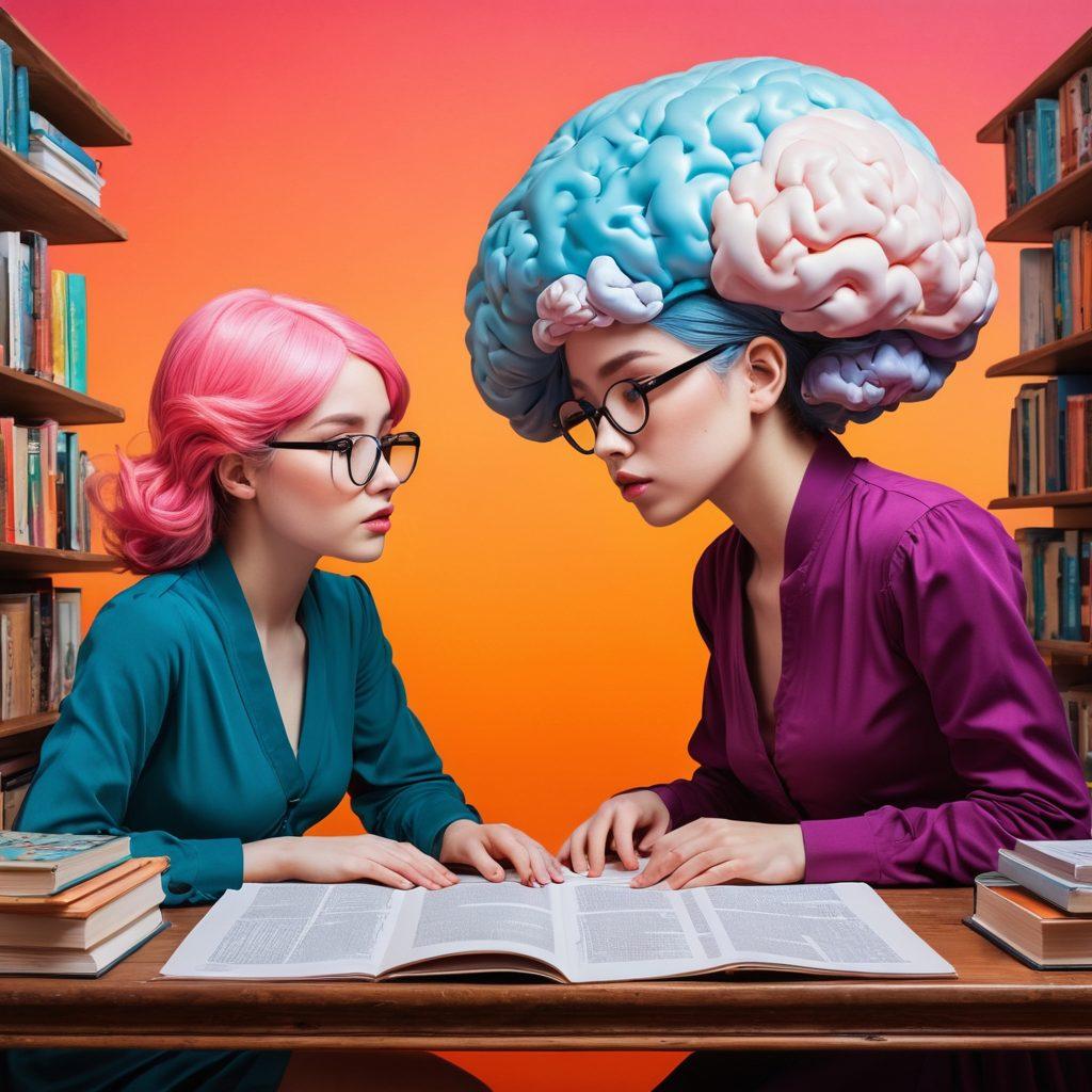 A surreal scene featuring a split-faced figure, half with a thoughtful, intelligent expression and the other half surrounded by colorful, provocative hentai illustrations. Books and test papers float around, symbolizing IQ tests, while a brain bursts with vibrant colors, merging intellect and fantasy. The background should blend playful hues with a touch of mystery, inviting curiosity about the relationship between intelligence and adult content. surrealism. vibrant colors. whimsical elements.